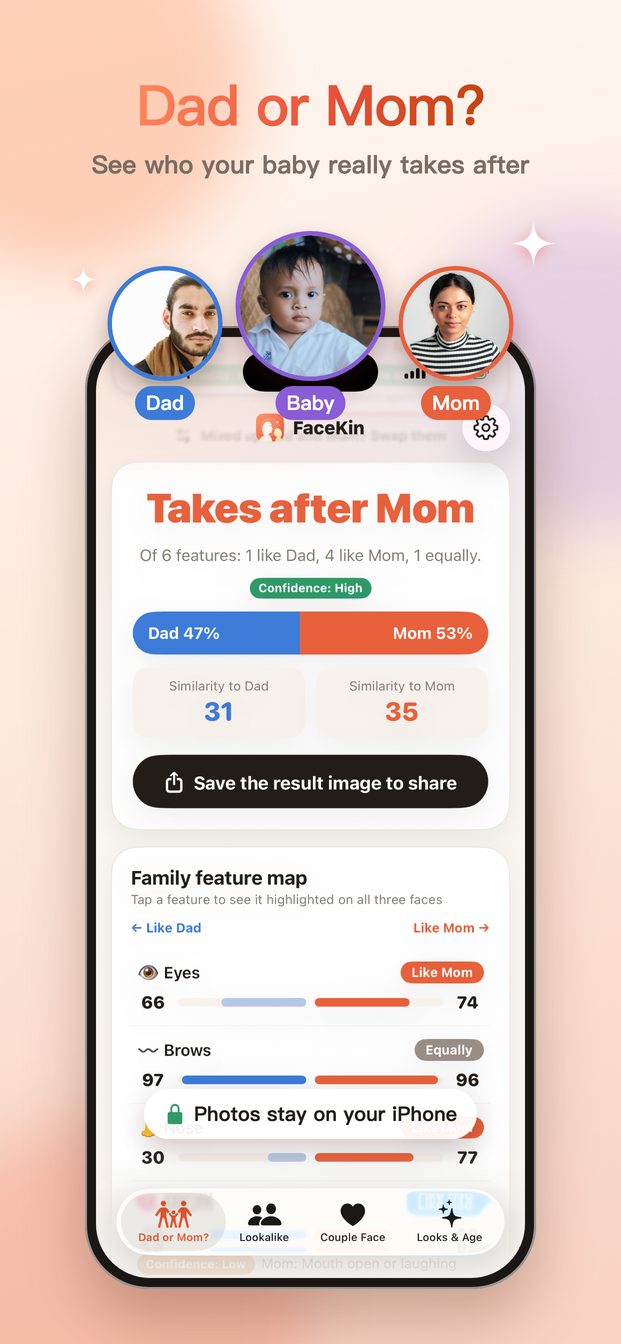 FaceKin result showing whether the baby takes after Dad or Mom, with a Dad vs. Mom split