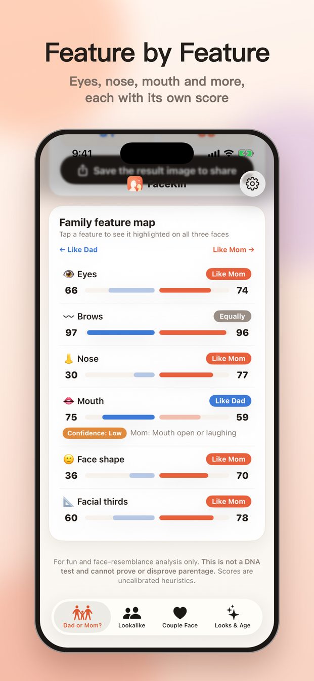 Family feature map comparing eyes, brows, nose, mouth, face shape and facial thirds
